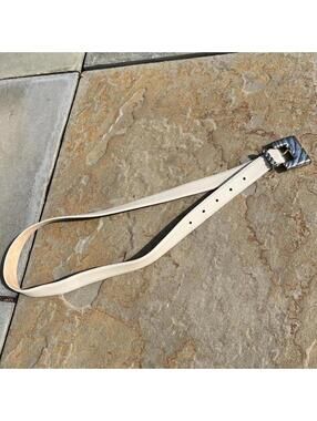 Vintage 90s Cream Grey Leather Belt w/ Patina Silver Buckle